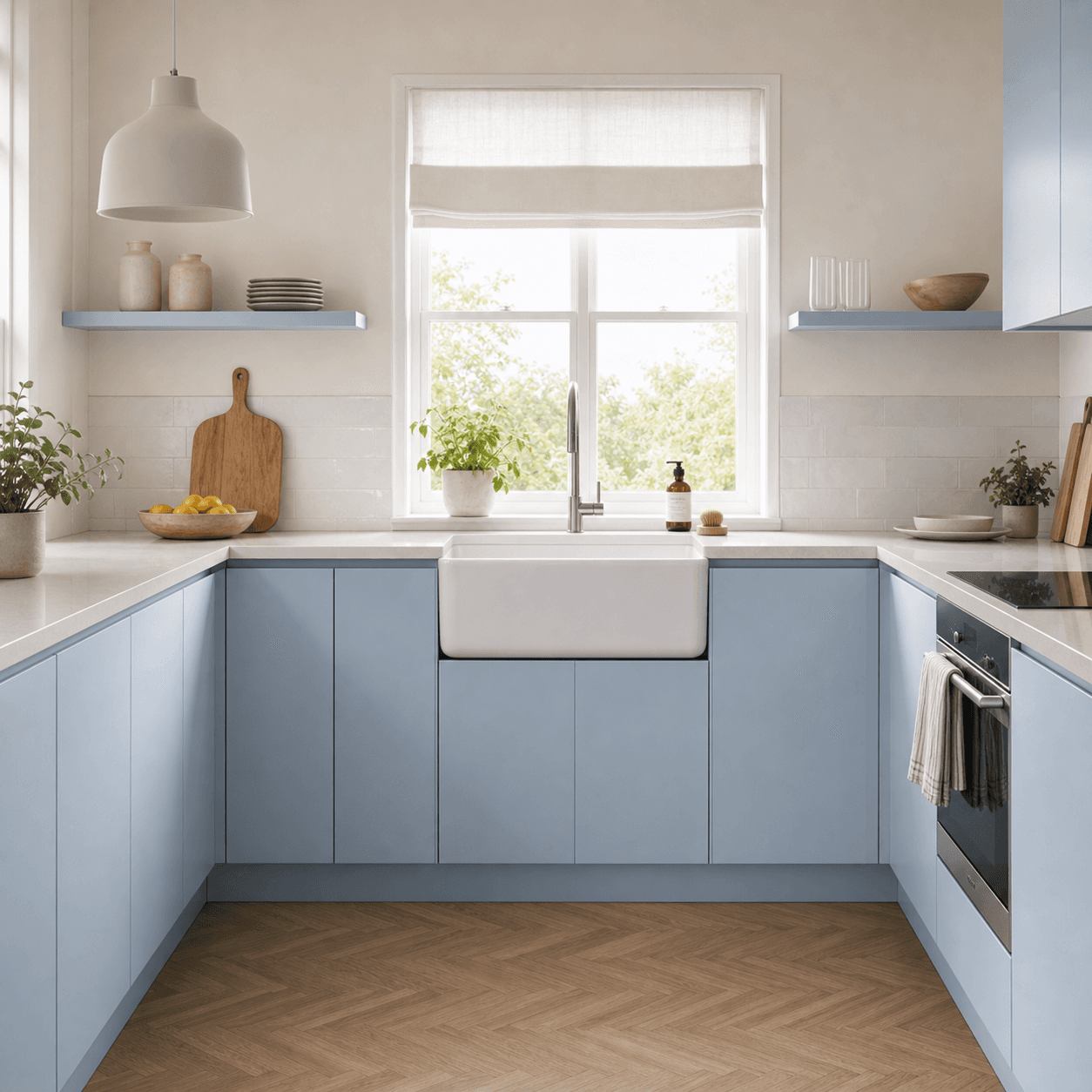 A modern powder-blue handleless kitchen